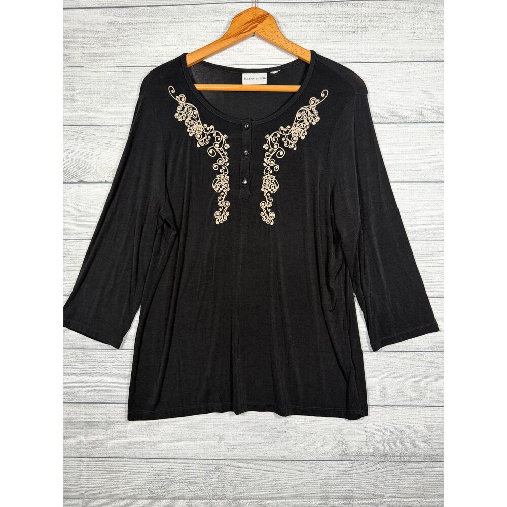 Jaclyn Smith Women’s Large Black Cream Embroidered Henley Tunic Top 4308